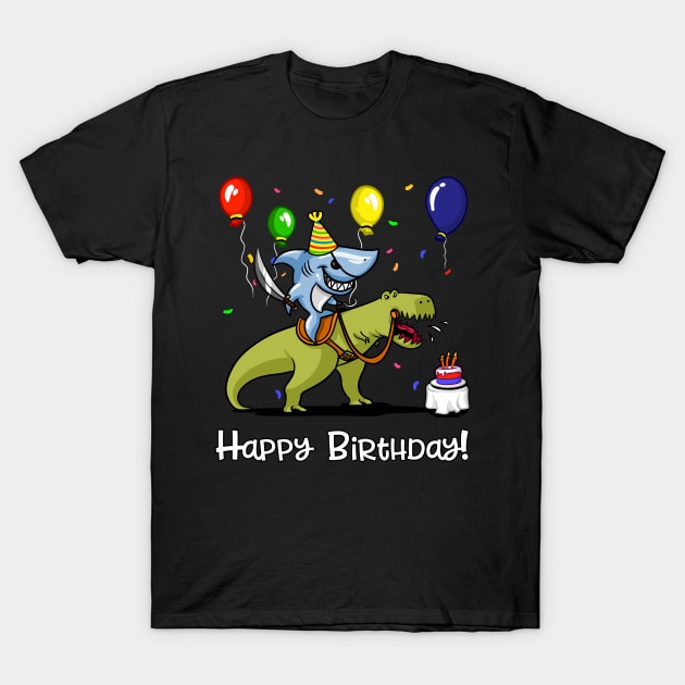 Birthday Shark Riding Dinosaur T-Shirt by underheaven